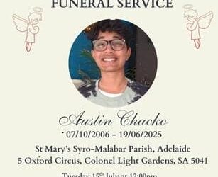 അകാലത്തിൽ പൊലിഞ്ഞ ആസ്റ്റിൻ ചാക്കോയുടെ സംസ്കാരം ഇന്ന് അഡ്‌ലെയ്‌ഡ്‌ സെന്റ് മേരിസ് ദേവാലയത്തിൽ
