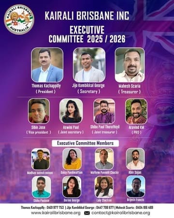കൈരളി ബ്രിസ്ബേൻ 2025-2026: തോമസ് കാച്ചപ്പള്ളി നയിക്കുന്ന പുതിയ നേതൃത്വം ചുമതലയേറ്റു